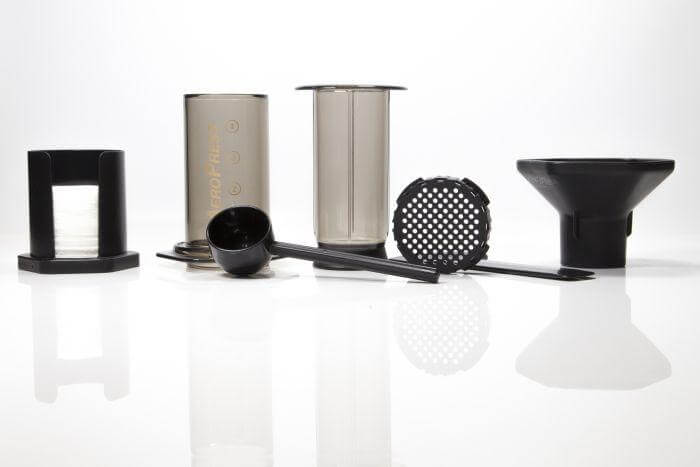 Aeropress coffee maker. Brewing equipment. Popular with coffee enthusiasts worldwide, the patented AeroPress is a new kind of coffee press that uses a rapid, gentle air pressure to create smooth, full flavored coffee without bitterness and with low acidity.